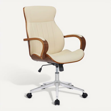 Fauteuil De Bureau Avec Roulettes Synthétique Crème Et Bois Noyer Hauteur Réglable Bur10462