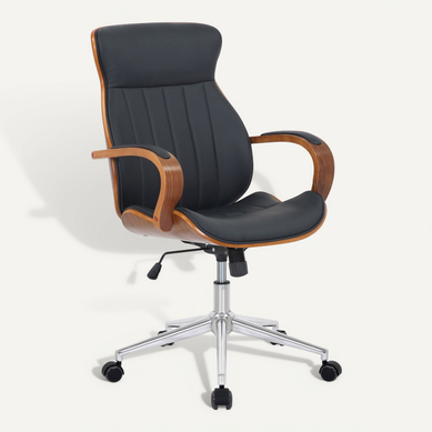 Fauteuil De Bureau Avec Roulettes Synthétique Noir Et Bois Noyer Hauteur Réglable Bur10461