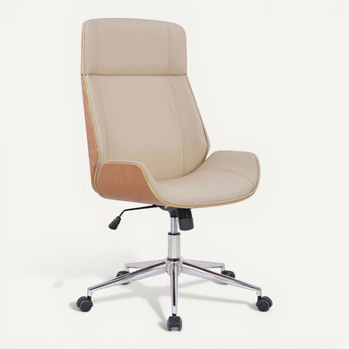 Fauteuil De Bureau Dossier Haut Avec Roulettes Synthétique Crème Et Bois Clair Hauteur Réglable