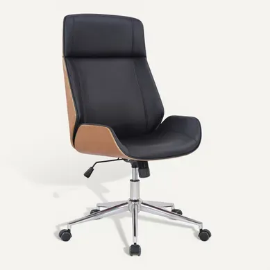 Fauteuil De Bureau Dossier Haut Avec Roulettes Synthétique Noir Et Bois Clair Hauteur Réglable