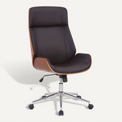 Fauteuil De Bureau Dossier Haut Avec Roulettes Synthétique Marron Et Bois Noyer Hauteur Réglable
