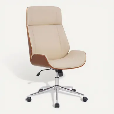 Fauteuil De Bureau Dossier Haut Avec Roulettes Synthétique Crème Et Bois Noyer Hauteur Réglable