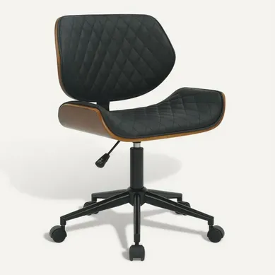 Chaise De Bureau Simili Design Et Confortable Revêtement En Synthétique Noir Et Bois