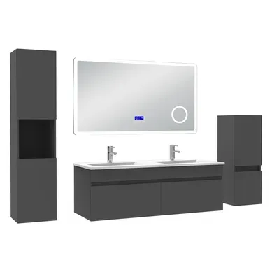 Ensemble Meuble Salle Bain 120cm Anthracite, Lavabo Céramique +2 Colonnes +miroir Bluetooth