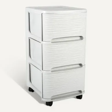 Tour De Rangement 3 Tiroirs 14 L Décor Stone Avec Roulettes Blanc Cérusé