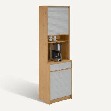 Colonne De Cuisine Rangement + Espace électroménager Chêne Et Alu L.60 Cm X Ht. 206 Cm X P. 45 Cm