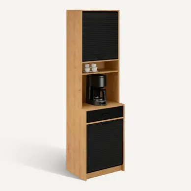 Colonne De Cuisine Rangement + Espace électroménager Chêne Et Noir L.60 Cm X Ht. 206 Cm X P. 45 Cm