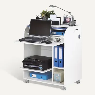 Bureau Informatique Blanc À Roulettes 5 Niches L 79.2 H 93.8 P 53.2 Cm - Coloris: Blanc