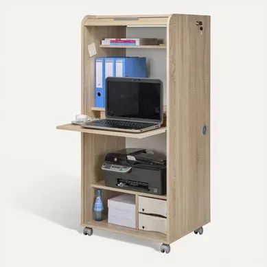 Armoire Informatique Mobile Chêne 2 Tiroirs 5 Niches L 65.2 H 139.9 P 53.1 Cm - Chêne Naturel