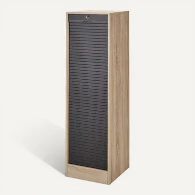 Classeur À Rideau 8 Tablettes 1 Kit Dossiers Serrure L 41,4 H 140,4 P 44 Cm - Chêne + Rideau Noir Classeur À Rideau 8 Tablettes 1 Kit Dossiers Serrure L 41,4 H 140,4 P 44 Cm - Chêne + Rideau Noir