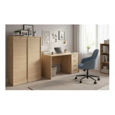Classeur à Rideau 8 Tablettes 1 Kit Dossiers Serrure L 41,4 H 140,4 P 44 Cm - Coloris: Chêne Naturel Classeur à Rideau 8 Tablettes 1 Kit Dossiers Serrure L 41,4 H 140,4 P 44 Cm - Coloris: Chêne Naturel