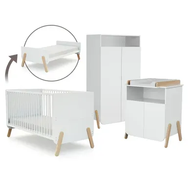 Chambre Bébé Lit, Commode À Langer Et Armoire Blanc Et Hêtre Verni Chambre Bébé Lit, Commode À Langer Et Armoire Blanc Et Hêtre Verni