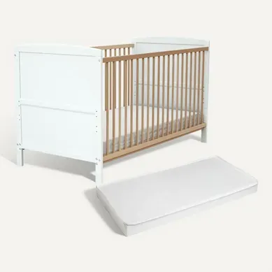 Lit Bébé évolutif En Bois Avec Matelas En Bois Luna Blanc Et Hêtre Verni