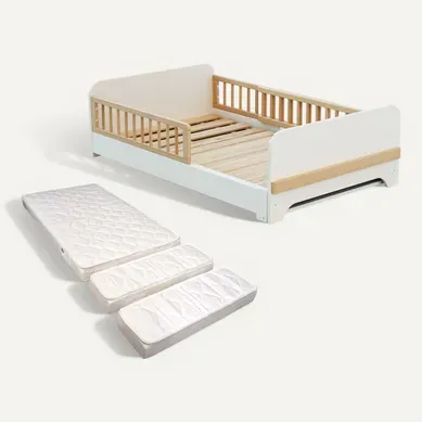 Jurababy - Lit Au Sol Enfant Extensible En Bois 80x140-165-190 Carrousel Avec Matelas - Blanc Jurababy - Lit Au Sol Enfant Extensible En Bois 80x140-165-190 Carrousel Avec Matelas - Blanc