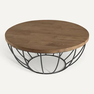 Sixtine - Table Basse Ronde 80x80cm Plateau Bois Teck Recyclé Noir Sixtine - Table Basse Ronde 80x80cm Plateau Bois Teck Recyclé Noir