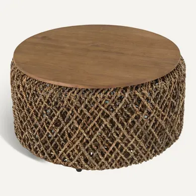 Sixtine - Table Basse Ronde Diam70 Rotin, Plateau Bois Teck Recyclé Sixtine - Table Basse Ronde Diam70 Rotin, Plateau Bois Teck Recyclé