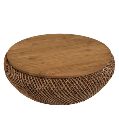 Sixtine - Table Basse En Rotin Couleur Marron Et Bois De Teck Recyclé D80cm Sixtine - Table Basse En Rotin Couleur Marron Et Bois De Teck Recyclé D80cm