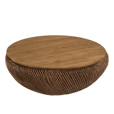 Sixtine - Table Basse En Rotin Couleur Marron Et Bois De Teck Recyclé D100cm Sixtine - Table Basse En Rotin Couleur Marron Et Bois De Teck Recyclé D100cm