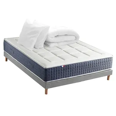 Ensemble Matelas Ressort 7 Zones + Mémoire De Forme + Sommier + Couette + Oreillers 160x200 Gris