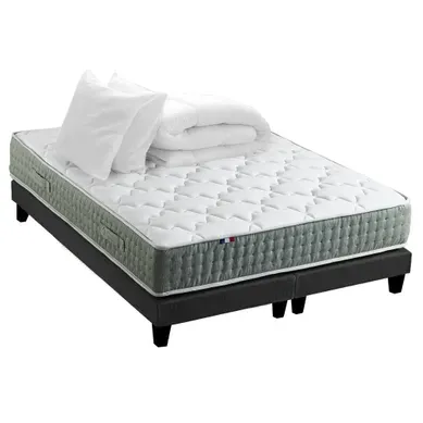 Ensemble Matelas Ressort 7 Zones Hygge + Sommier + Couette + Oreillers 2x80x200 Noir
