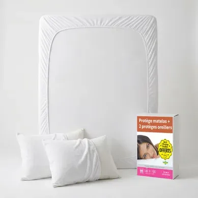 Lot Protection Literie : Protège-matelas 140x190 + 2 Taies D'oreiller 65x65 - Bouclette Coton Douce Lot Protection Literie : Protège-matelas 140x190 + 2 Taies D'oreiller 65x65 - Bouclette Coton Douce