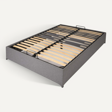 Lit Coffre Savio - 140x190 - Tissu Déco Gris Clair - 36 Lattes Bois - Gain De Place