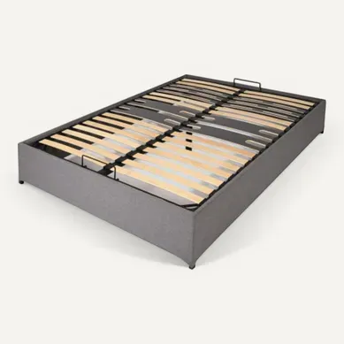 Lit Coffre Savio - 160x200 - Tissu Déco Gris Clair - 36 Lattes Bois - Gain De Place