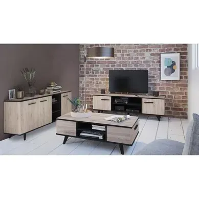 Ensemble Meuble TV + Table Basse + Buffet Wayne - Mélaminé - Chêne Brossé Et Noir Ensemble Meuble TV + Table Basse + Buffet Wayne - Mélaminé - Chêne Brossé Et Noir