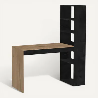 Bureau avec bibliothèque EASE imitation chêne et noir vue 3/4