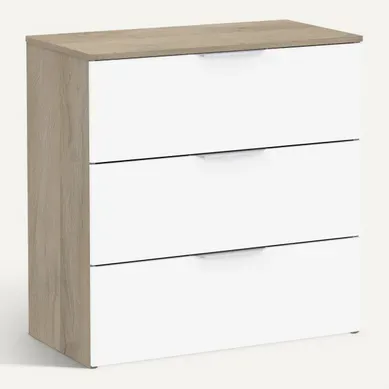 Commode 3 tiroirs GHOST imitation chène /blanc mat vue 3/4