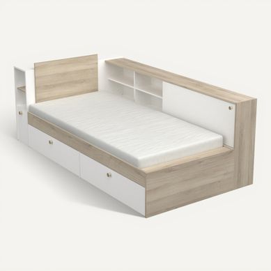 Lit 90x190/200 cm avec rangements ETHAN imitation chêne et blanc Lit 90x190/200 cm avec rangements ETHAN imitation chêne et blanc vue 3/4