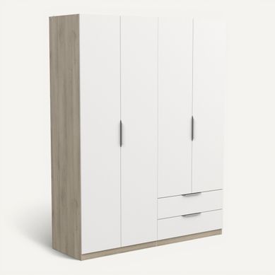Armoire 4 portes 2 tiroirs GHOST imitation chène /blanc mat Armoire 4 portes 2 tiroirs GHOST imitation chène /blanc mat vue 3/4