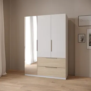 Armoire 3 portes 2 tiroirs MERYL blanc et imitation chêne Armoire 3 portes 2 tiroirs MERYL blanc et imitation chêne vue d'ambiance 1