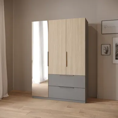 Armoire 3 portes 2 tiroirs MERYL imitation chêne et gris Armoire 3 portes 2 tiroirs MERYL imitation chêne et gris vue d'ambiance 1