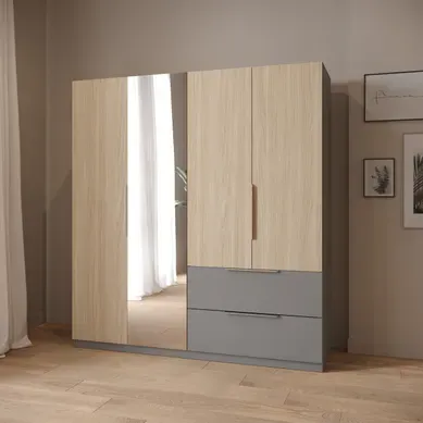 Armoire 4 portes 2 tiroirs MERYL imitation chêne et gris Armoire 4 portes 2 tiroirs MERYL imitation chêne et gris vue d'ambiance 1
