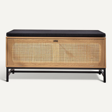 Banc D'entrée Avec Rangements Effet Bois Et Façade En Rotin L100 Cm Banc D'entrée Avec Rangements Effet Bois Et Façade En Rotin L100 Cm
