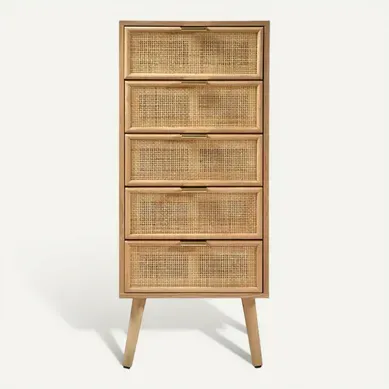 Chiffonnier 5 Tiroirs Façades En Rotin Naturel - H100 Cm Chiffonnier 5 Tiroirs Façades En Rotin Naturel - H100 Cm