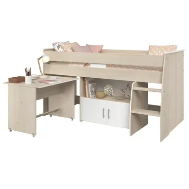 Lit combiné LOAN 90x200 cm avec bureau imitation acacia et blanc vue 3/4