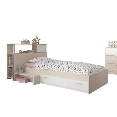 Lit Simple 90x190 Avec Tête De Lit Rangement Et Tiroir Réversible - Acacia Clair/blanc Lit Simple 90x190 Avec Tête De Lit Rangement Et Tiroir Réversible - Acacia Clair/blanc