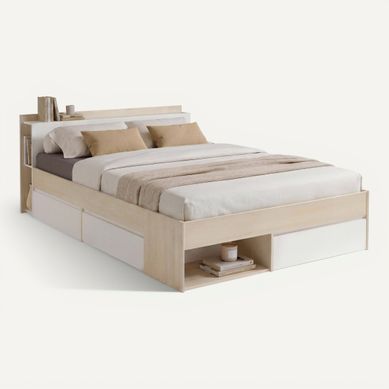 Lit 160x200 cm avec rangements PUZZLE imitation Acacia et blanc vue 3/4