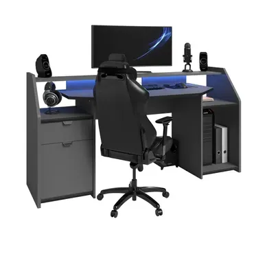 Bureau gamer LED DARKUSS gris noir Bureau gamer LED DARKUSS gris noir vue 3/4