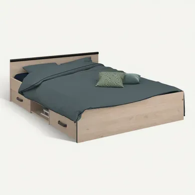 Lit 140x190 cm avec rangements tiroirs NASHVILLE imitation chêne et noir vue 3/4