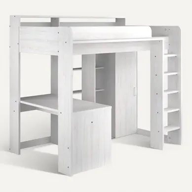Lit mezzanine 90x200 cm avec penderie et bureau HIGHER imitation pin blanc Lit mezzanine 90x200 cm avec penderie et bureau HIGHER imitation pin blanc vue 3/4
