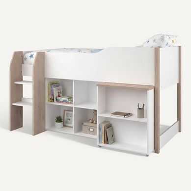 Lit combiné 90x200 cm MATI avec rangement et bureau Blanc et imitation chêne Lit combiné 90x200 cm MATI avec rangement et bureau Blanc et imitation chêne vue 3/4