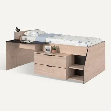 Lit 90x190/200 cm avec bureau intégré CODY imitation chêne et noir vue 3/4