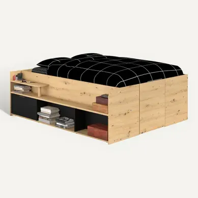 Lit coffre 140x190/200 cm avec sommier relevable TRAVEL imitation chêne et noir vue 3/4