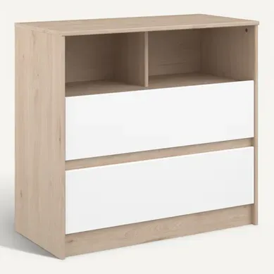 Commode 2 tiroirs 1 niche SHELTER Imitation chêne et blanc Commode 2 tiroirs 1 niche SHELTER Imitation chêne et blanc vue 3/4