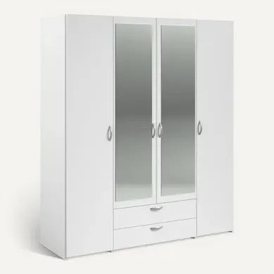 Armoire 4 portes 2 tiroirs L. 160 cm avec miroir DAILY blanc vue 3/4
