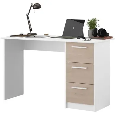 Bureau droit 3 tiroirs INDIRA imitation chêne et blanc vue 3/4