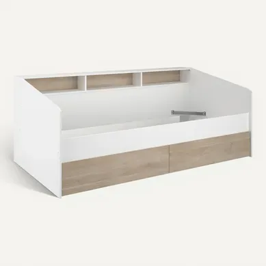 Lit banquette 90x190 ou 90x200 cm avec 2 tiroirs SLEEP imitation chêne et blanc. Lit banquette 90x190 ou 90x200 cm avec 2 tiroirs SLEEP imitation chêne et blanc. vue 3/4